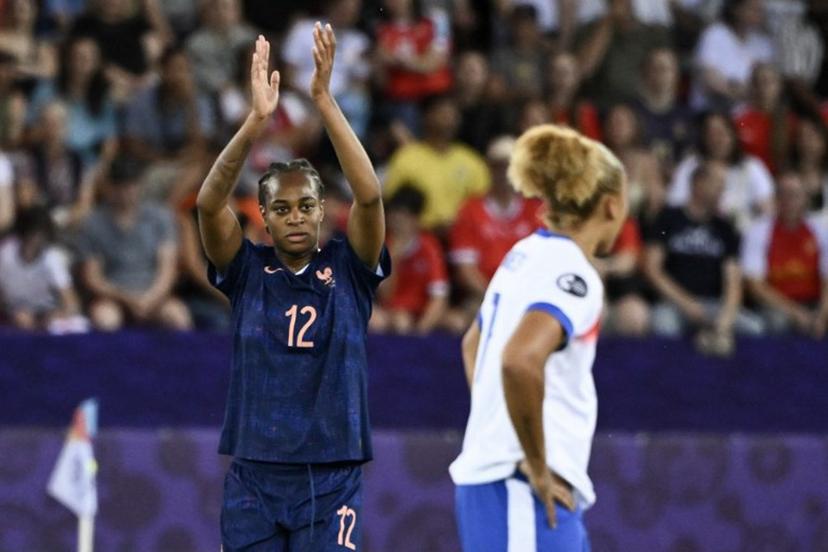 (From L) France's forward #12 Marie-Antoinette Katoto (L) celebratesafter she scored her team's first goal during the UEFA Women's Euro 2025 Group D football match between France and England at the Letzigrund Stadium in Zurich, on July 5, 2025.  SEBASTIEN BOZON / AFP