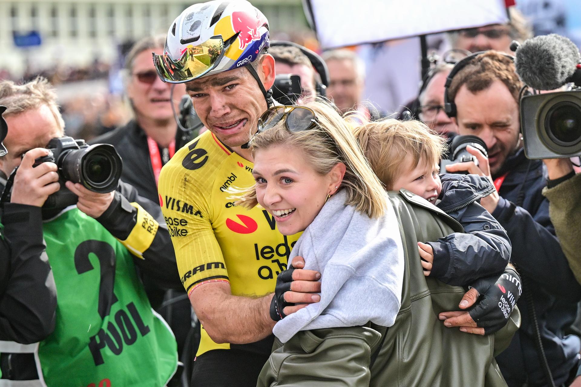 Wout van Aert of Team Visma-Lease a Bike and his wife Sarah De Bie the men's Paris-Roubaix cycling race, Sunday 12 April 2026, around Roubaix, France. The 123rd edition of Paris-Roubaix cycling races will take on Sunday, with the women riding 143,1 km the men riding 258,3 km on Sunday. BELGA PHOTO DIRK WAEM
