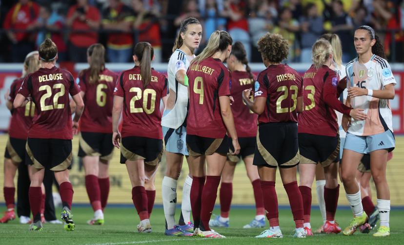 Spain's Irene Paredes and Belgium's Tessa Wullaert pictured after a soccer game between the national teams of Belgium (Red Flames) and Spain, on the fifth matchday in group A3 of the 2024-25 Women's Nations League competition, on Friday 30 May 2025 in Heverlee, Leuven. BELGA PHOTO VIRGINIE LEFOUR