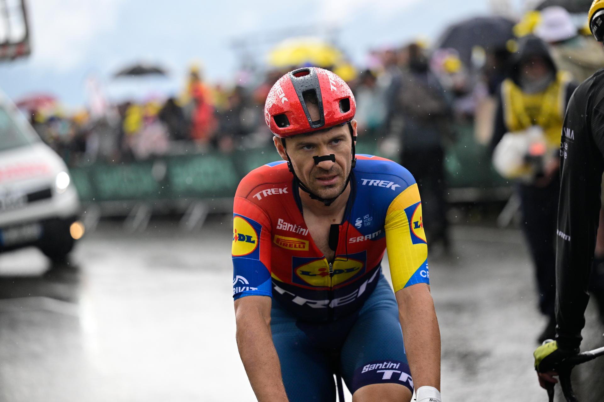 Belgian Edward Theuns of Lidl-Trek crosses the finish line of pictured at the start of stage 19 of the 2025 Tour de France cycling race, from Albertville to La Plagne (130km), on Friday 25 July 2025 in France. The 112th edition of the Tour de France starts on Saturday 5 July in Lille, France, and will finish in Paris, France on the 27th of July.   BELGA PHOTO DIRK WAEM