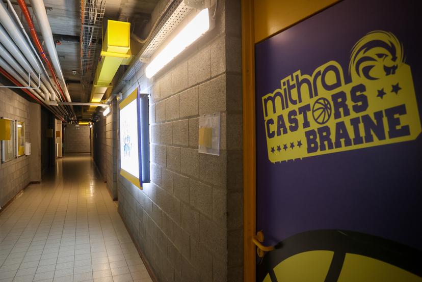 Illustration picture shows the corridor of the changing rooms in the empty hall that should have been the location of the third cancelled basketball match between Castors Braine and Namur Capitale, Wednesday 28 April 2021 in Braine-L'Alleud, in the Play-offs finals in the Belgian first division basket championships. The two previous matches also had to be cancelled due to a coronavirus break-out in the Castors Braine team. Namur Capitale has been declared Champion by the Basketball Federation. BELGA PHOTO VIRGINIE LEFOUR