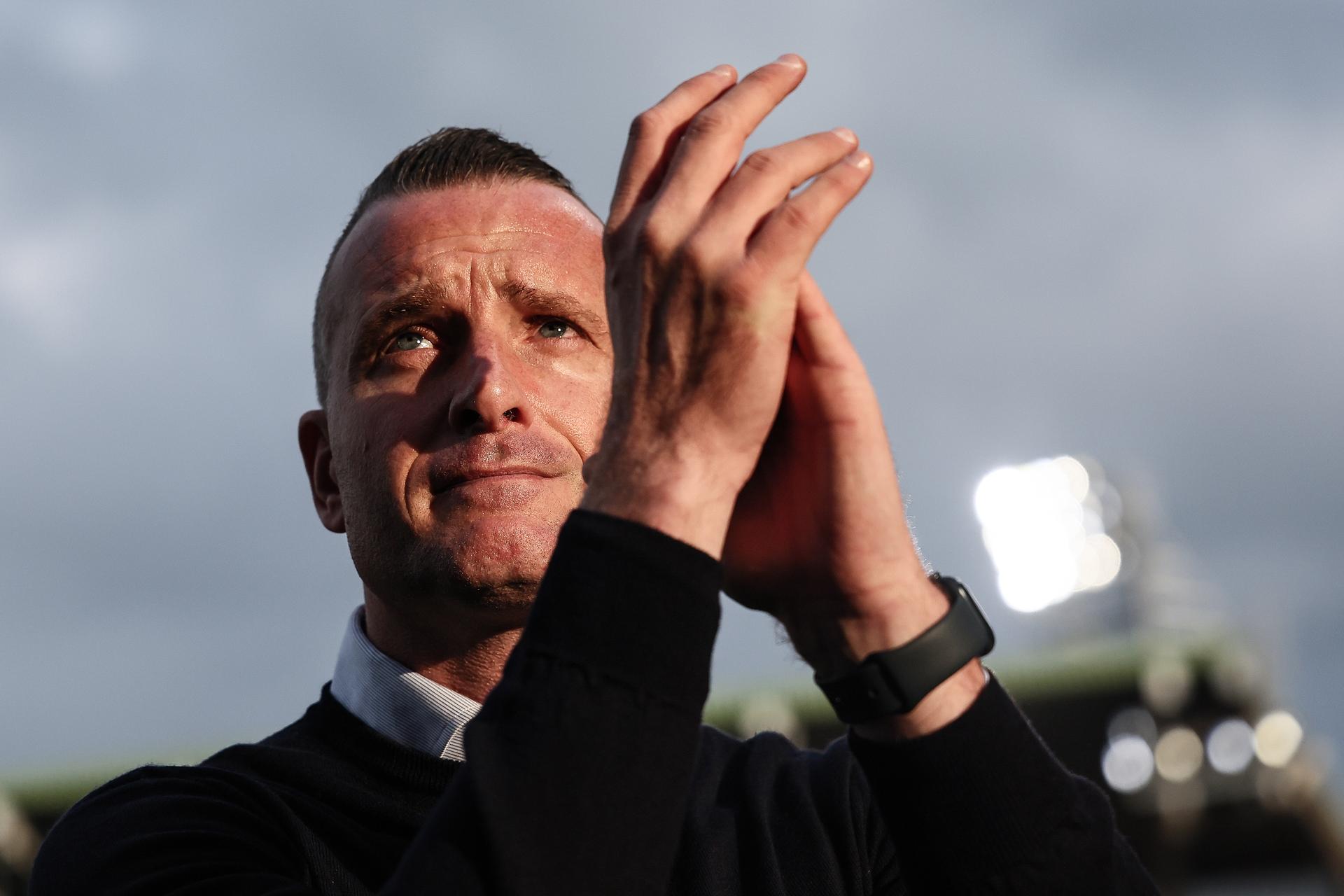 Club's head coach Nicky Hayen pictured after a soccer match between Club Brugge and Royal Antwerp FC, Sunday 25 May 2025 in Brugge, on day 10 (out of 10) of the Champions' Play-offs of the 2024-2025 'Jupiler Pro League' first division of the Belgian championship. BELGA PHOTO BRUNO FAHY
