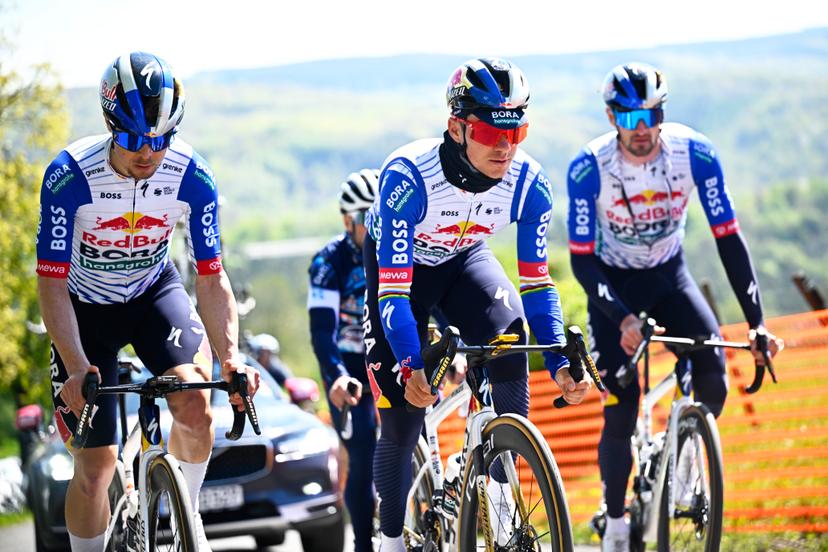 Belgian Remco Evenepoel of Red Bull-BORA-hansgrohe (C) pictured in action during a training and track reconnaissance session, ahead of the Liege-Bastogne-Liege one day cycling race, Friday 24 April 2026. BELGA PHOTO JASPER JACOBS