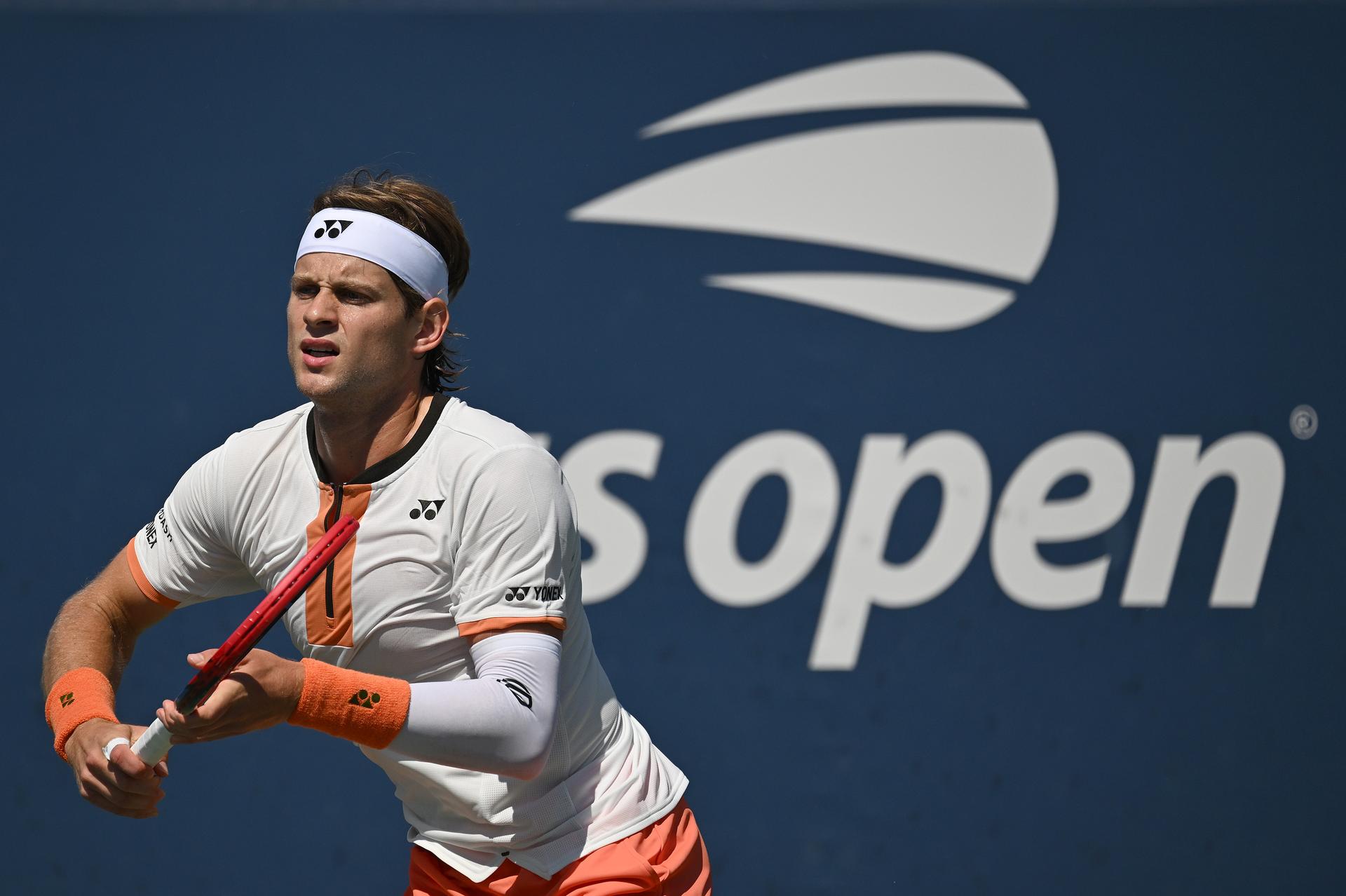 Belgian Zizou Bergs pictured in action during a tennis match against Taiwanese Tseng, in the first round of the men's singles of the 2025 US Open Grand Slam tennis tournament in New York City, USA, Monday 25 August 2025. BELGA PHOTO TONY BEHAR
