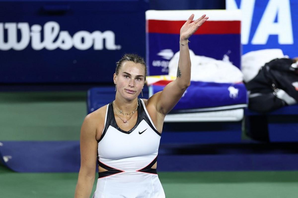 Belarus's Aryna Sabalenka celebrates her victory over Spain's Cristina Bucsa during their women's singles round of 16 tennis match on day eight of the US Open tennis tournament at the USTA Billie Jean King National Tennis Center in New York City, on August 31, 2025.  CHARLY TRIBALLEAU / AFP