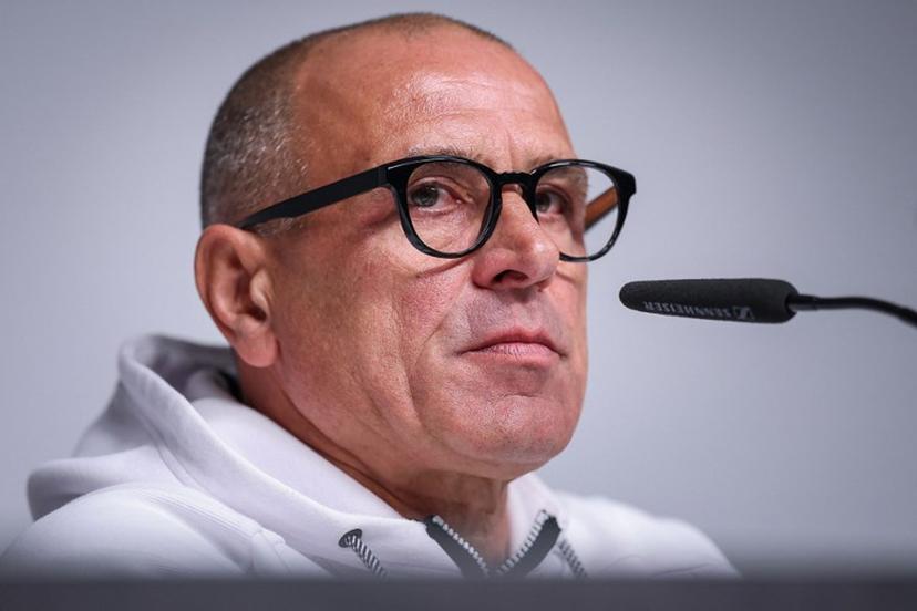 Slovakia's Italian head coach Francesco Calzona addresses a press conference in Leipzig, eastern Germany on November 16, 2025, on the eve of the FIFA World Cup 2026 European qualification Group A football match between Germany and Slovakia.  RONNY HARTMANN / AFP