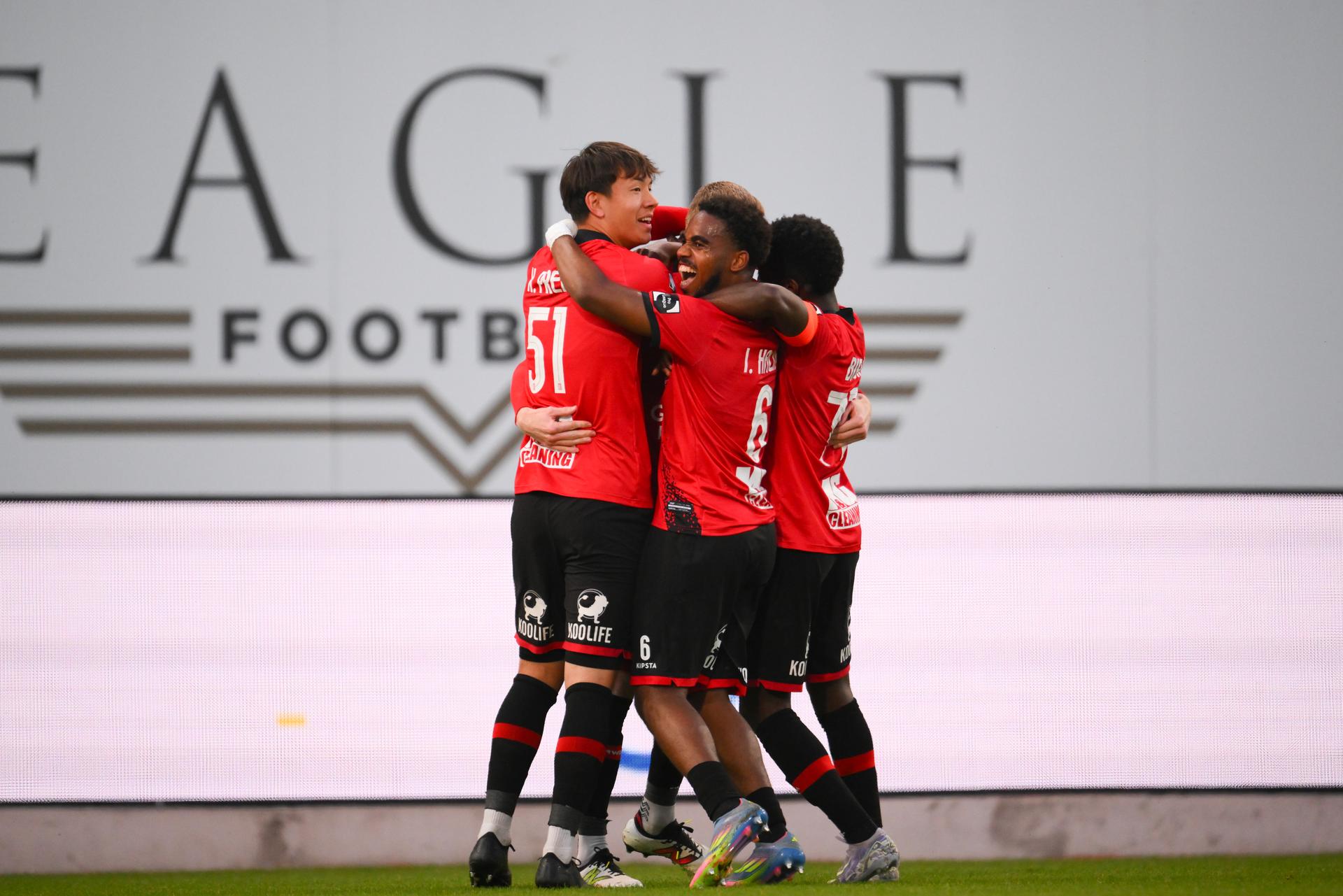 Rwdm's players celebrate during a soccer match between RWD Molenbeek and KSC Lokeren-Temse, Sunday 27 April 2025 in Brussels, a semi-final second leg game in the Promotion Play-off of the 2024-2025 'Challenger Pro League' 1B second division of the Belgian championship. BELGA PHOTO JOHN THYS