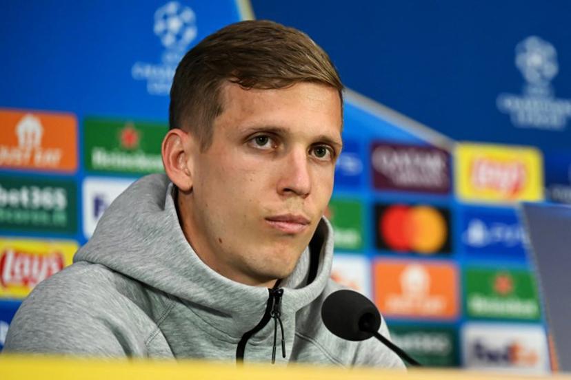 Barcelona's Spanish midfielder #20 Dani Olmo addresses a press conference, a day prior to the UEFA Champions League semi final second leg football match betweem Inter Milan and FC Barcelona, at the San Siro stadium in Milan on May 5, 2025.  Piero CRUCIATTI / AFP