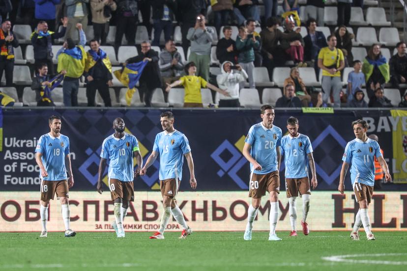 Belgium's players look dejected during a soccer game between Belgian national team the Red Devils and Ukraine, Thursday 20 March 2025 in Murcia, Spain, the first leg of the play-offs in the Nations League. BELGA PHOTO VIRGINIE LEFOUR
