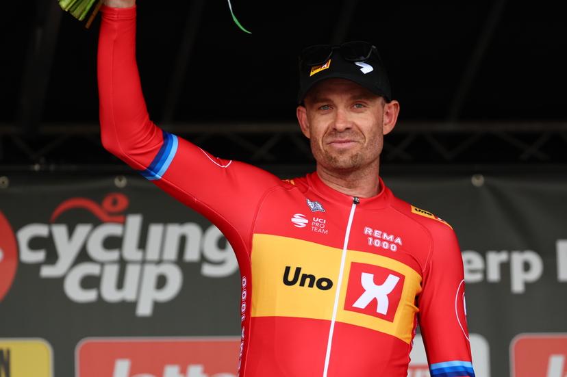 Norwegian Alexander Kristoff of Uno-X Mobility celebrates on the podium after winning the 'Antwerp Port Epic' 'Schaal Sels' men's elite one day cycling race, 177,9 km in and around Antwerp, fifth race (5/10) in the Lotto Cycling Cup, Sunday 19 May 2024.  BELGA PHOTO DAVID PINTENS