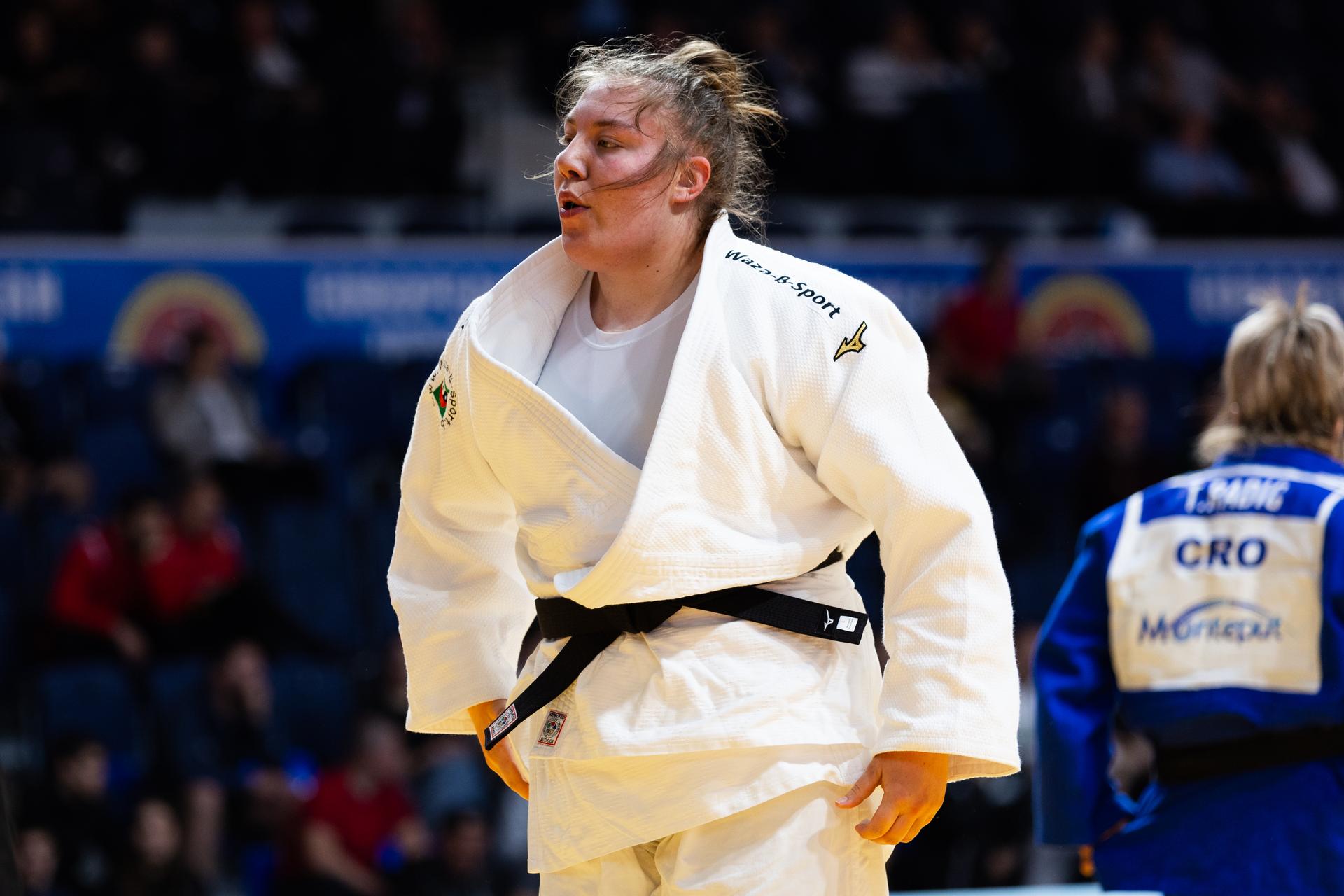 Belgian Gabrielle Bouvier pictured during a fight in the Women +78kg, at the European Judo Championships in Podgorica, Montenegro, on Saturday 26 April 2025. The tournament is taking place from 23 tot 27 April 2025.  BELGA PHOTO NIKOLA KRISTC