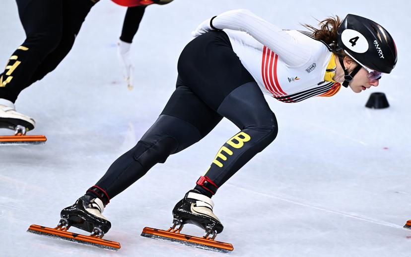 Belgian shorttrack skater Hanne Desmet pictured in action during the semifinals of the women's 1000m Short Track Speed Skating, at the Milano Cortina 2026 Olympic Winter Games, on Monday 16 February 2026 in Milan, Italy. The XXV Winter Olympics take place from 6 to 22 February 2026 in Italy. BELGA PHOTO JASPER JACOBS