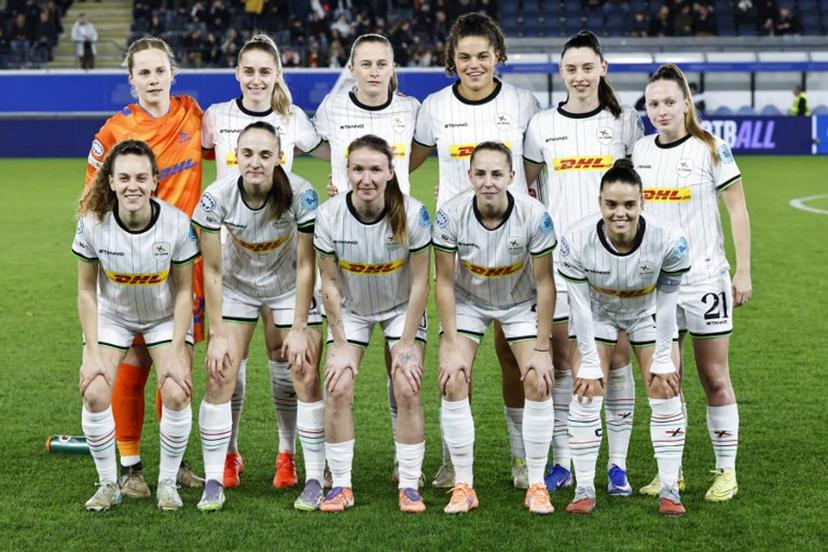 OH Leuven's players pose for a team photograph ahead of the UEFA Women's Champions League knockout play-off in first-leg match between Oud-Heverlee Leuven and Arsenal FC at the Den Dreef Stadium in Leuven on February 11, 2026.  Simon Wohlfahrt / AFP