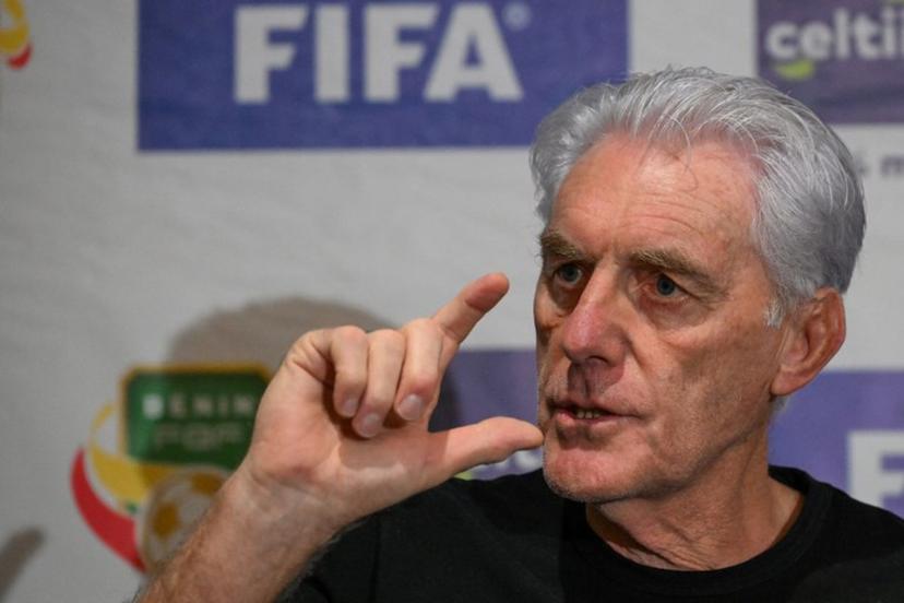 South Africa's coach Hugo Broos gestures during a press conference ahead of FIFA World Cup 2026 Africa group qualifier football match between Sout Africa and Benin in Abidjan on March 24, 2025.  Issouf SANOGO / AFP