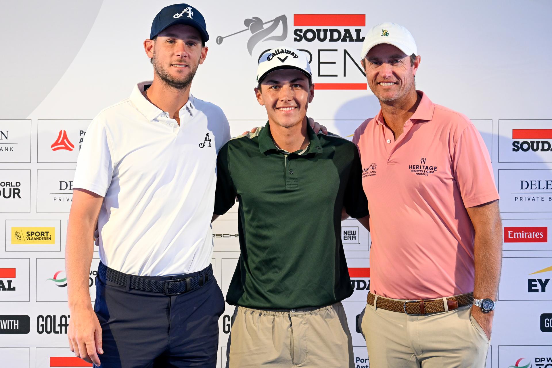 Belgian Thomas Pieters, Belgian Matthis Besard and Belgian Nicolas Colsaerts pictured during a press conference regarding the 'Soudal Open' golf tournament of the DP World Tour in Schilde, Tuesday 20 May 2025. The 2025 Soudal Open take place from 22 to 25 May at the Rinkven Golf Club in Schilde. BELGA PHOTO DIRK WAEM
