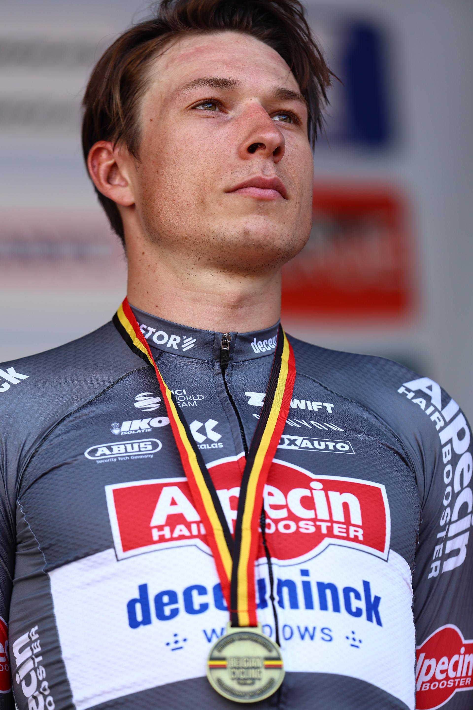 Third Belgian Jasper Philipsen of Alpecin-Deceuninck pictured on the podium of the men's elite road race of the Belgian Cycling Championships, 230km from and to the Grand Place square in Binche on Sunday 29 June 2025. BELGA PHOTO DAVID PINTENS