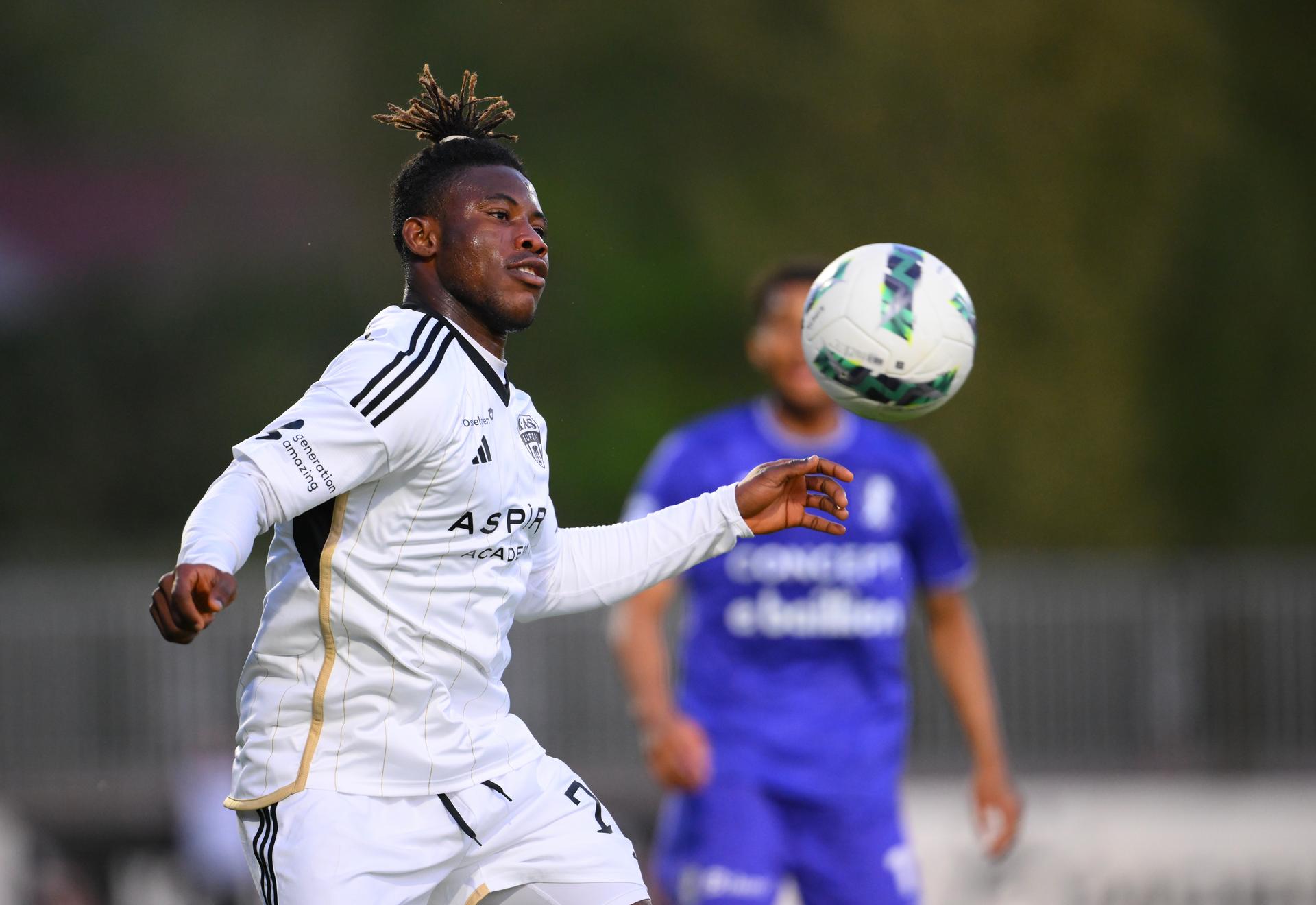 Eupen's Wedingo pictured during a soccer game between Patro Eisden Maasmechelen and KAS Eupen, Friday 18 April 2025 in Maasmechelen, on the 30th and last day of the 2024-2025 'Challenger Pro League' 1B second division of the Belgian championship. BELGA PHOTO JOHN THYS