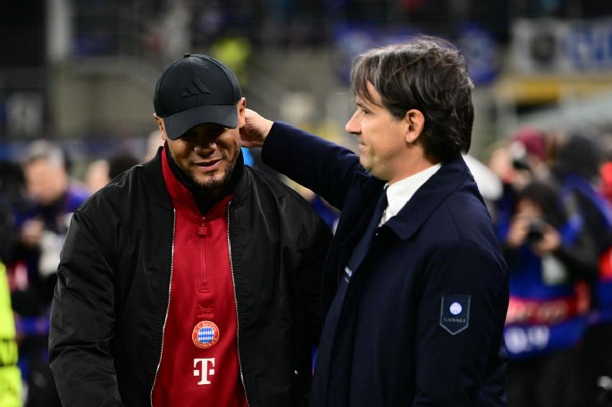 Inter Milan's Italian coach Simone Inzaghi (R) greets Bayern Munich's Belgian head coach Vincent Kompany before the UEFA Champions League quarter final second leg football match between Inter Milan and Bayern Munich at the San Siro stadium in Milan on April 16, 2025.  Marco BERTORELLO / AFP