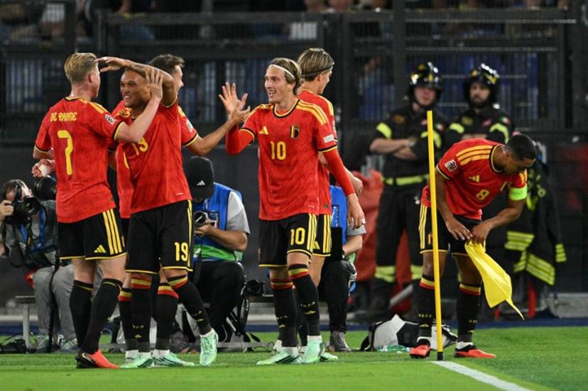 Belgium's forward #10 Mika Godts celebrates scoring his team's first goal during the UEFA Nations League (League A, Group 1) football match between Italy and Belgium at the Olympic Stadium in Rome on September 25, 2026.  Andreas SOLARO / AFP
