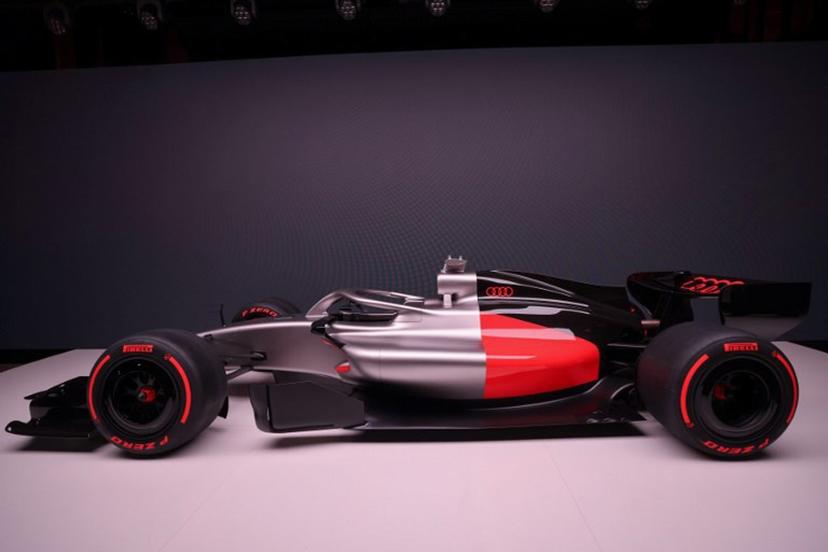 The car of the Audi F1 factory team, set to compete in the Formula One starting in the 2026 season, is on display in Munich, southern Germany on November 12, 2025.  Alexandra BEIER / AFP