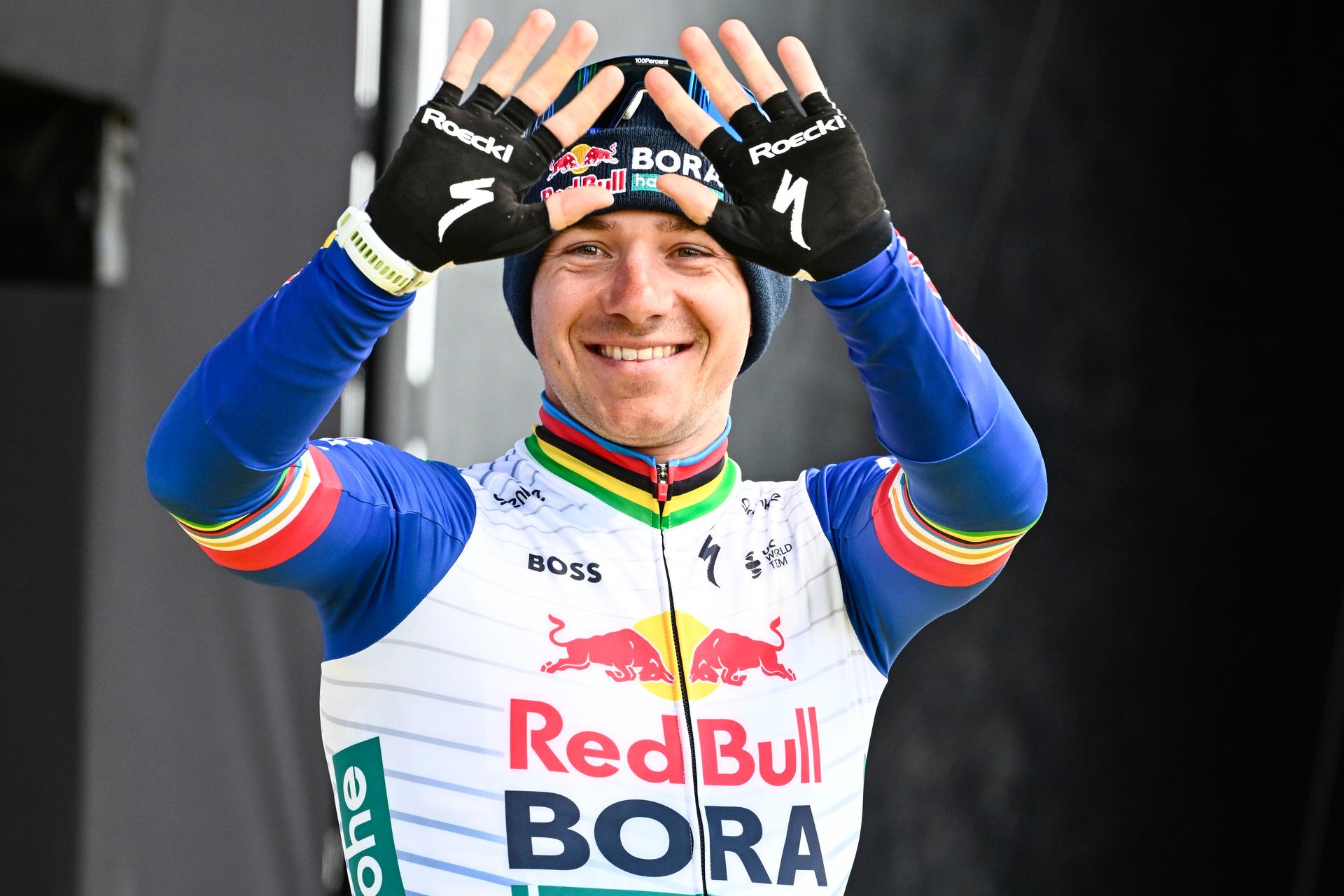 Belgian Remco Evenepoel of Red Bull-BORA-hansgrohe pictured on the podium after the men's race of the 'Ronde van Vlaanderen/ Tour des Flandres/ Tour of Flanders' UCI WorldTour one day cycling race, 278 km from Antwerp to Oudenaarde, Sunday 05 April 2026. BELGA PHOTO ERIC LALMAND