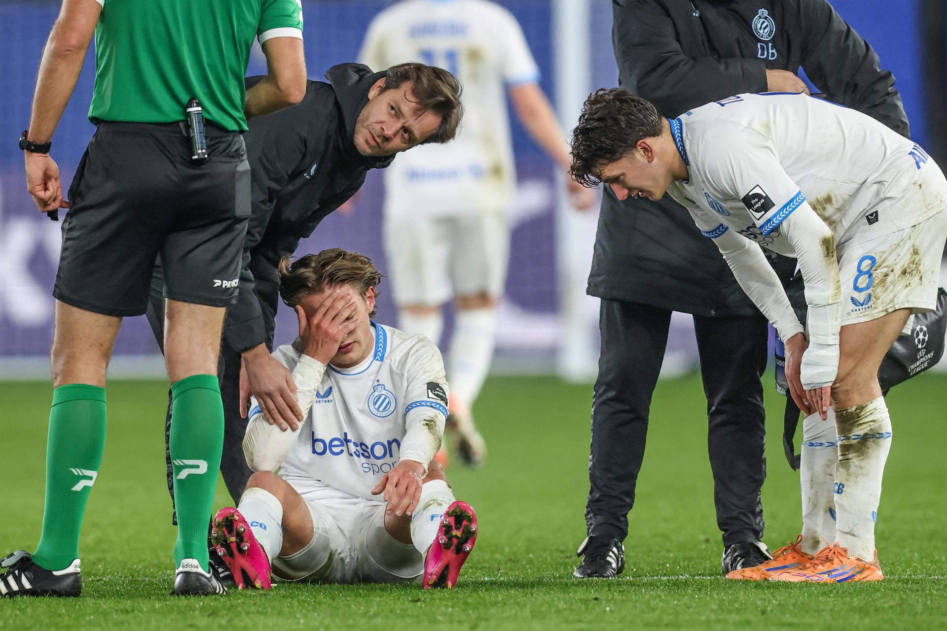 Club's Romeo Vermant lies injured on the ground during a soccer game between Oud-Heverlee Leuven and Club Brugge KV, in the 1/8 final of the Croky Cup Belgian cup, Wednesday 03 December 2025 in Leuven. BELGA PHOTO BRUNO FAHY