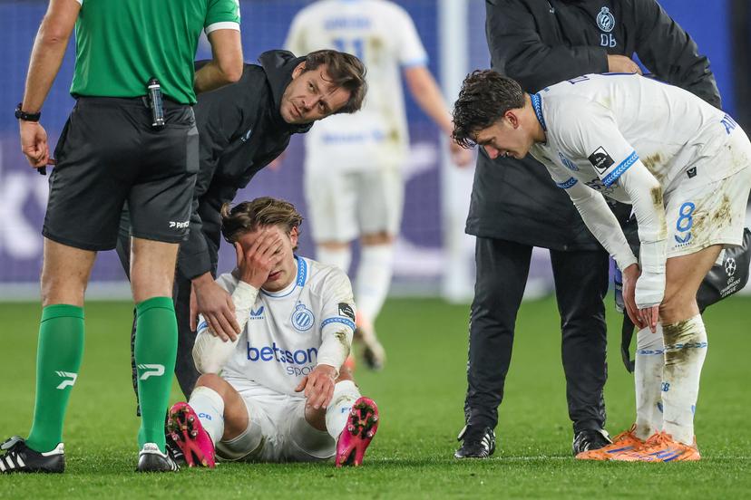Club's Romeo Vermant lies injured on the ground during a soccer game between Oud-Heverlee Leuven and Club Brugge KV, in the 1/8 final of the Croky Cup Belgian cup, Wednesday 03 December 2025 in Leuven. BELGA PHOTO BRUNO FAHY
