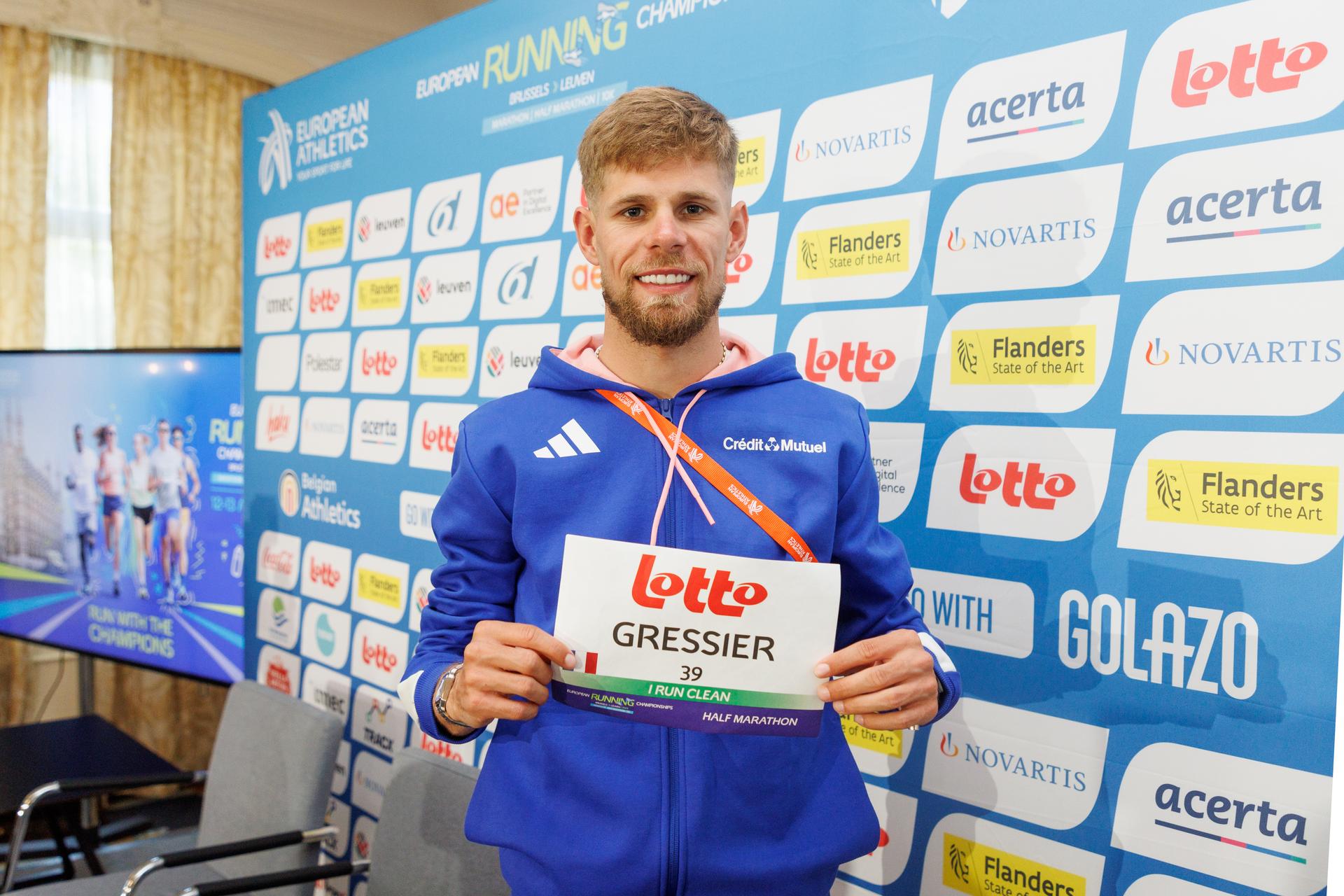 French runner Jimmy Gressier poses for the photographer during a press conference of European Athletics, Belgian Athletics and Golazo on the first European Running Championships, 10km, half marathon and marathon, this weekend in Brussels and Leuven, Friday 11 April 2025, in Brussels. BELGA PHOTO HATIM KAGHAT