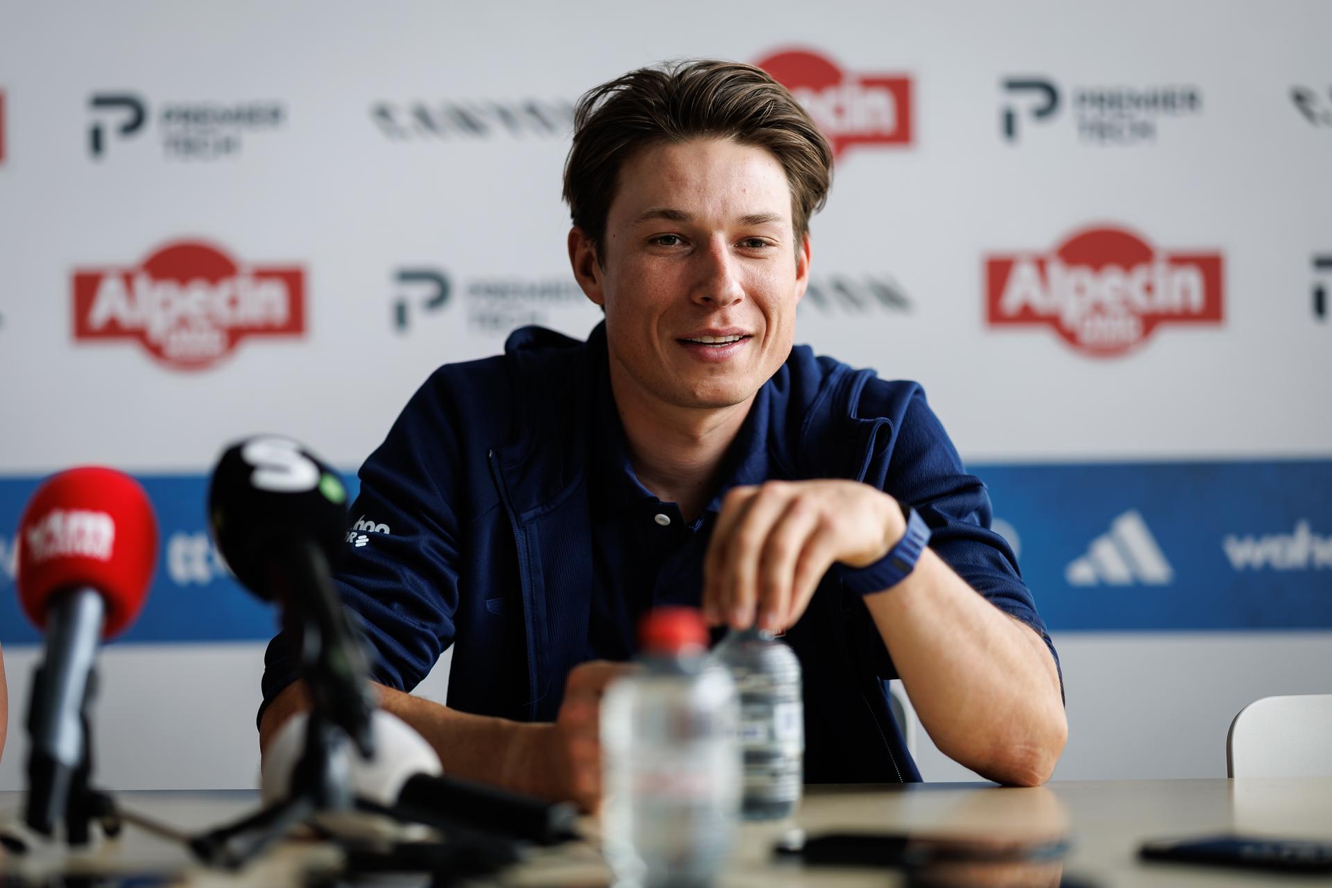 Belgian Jasper Philipsen pictured during press conference of Alpecin-Premier Tech cycling team ahead of this year's Paris-Roubaix cycling race, Thursday 09 April 2026, in Gullegem, Belgium. The 123rd edition of Paris-Roubaix cycling races will take on Sunday, with the women riding 143,1 km the men riding 258,3 km on Sunday. BELGA PHOTO KURT DESPLENTER