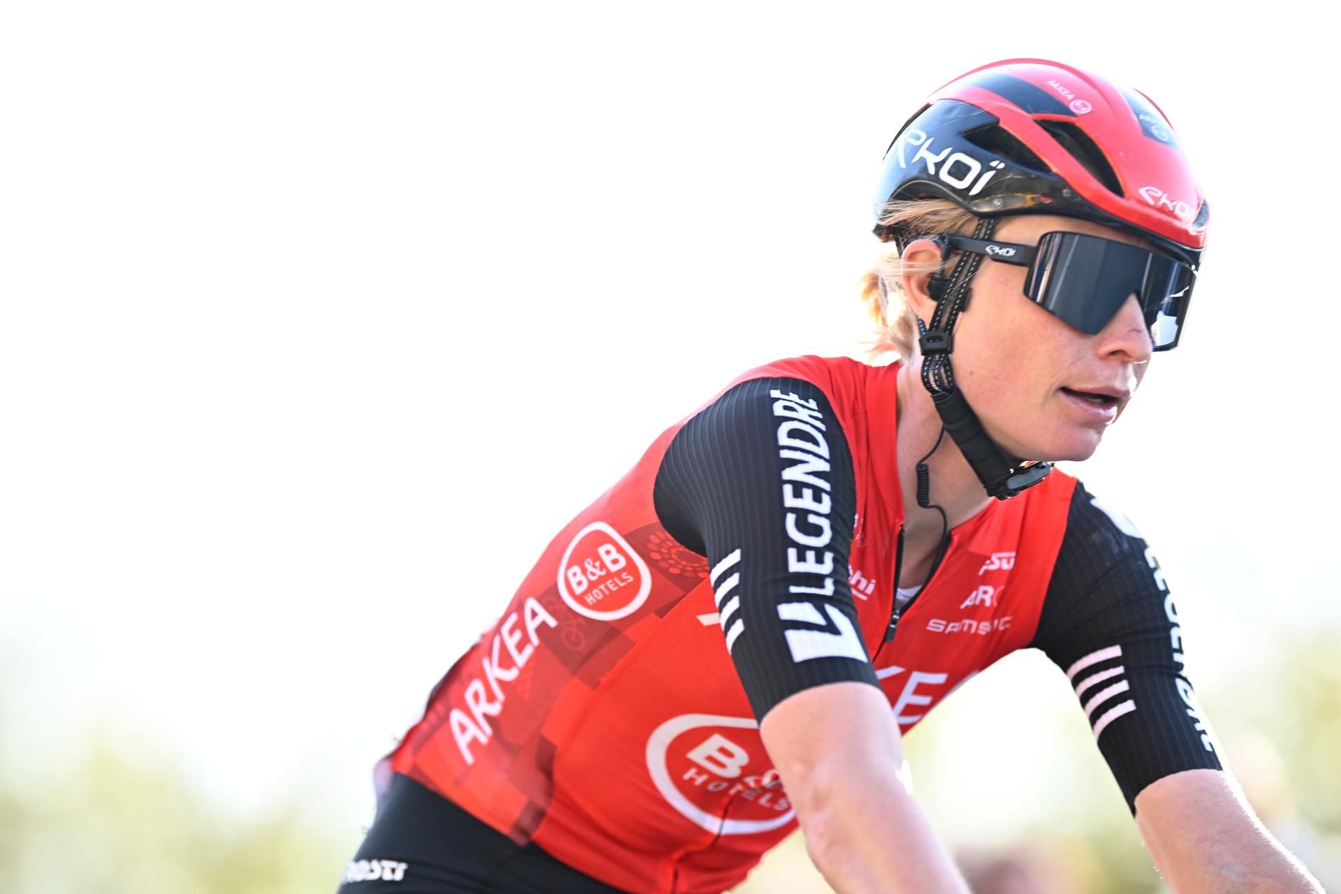 Belgian Lotte Claes of Arkea - B&B Hotels Women crosses the finish line of the women elite race of the 'Dwars Door Vlaanderen' cycling event, 128,5km from and to Waregem, Wednesday 02 April 2025. BELGA PHOTO JASPER JACOBS
