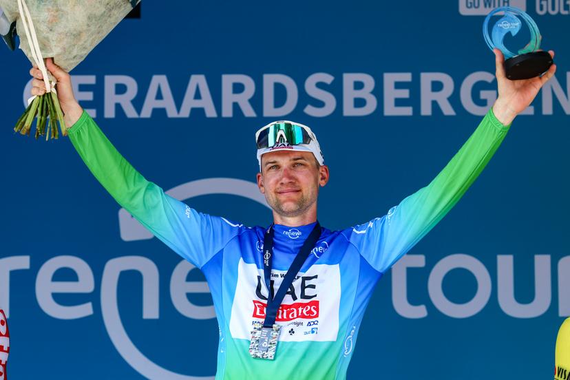 Belgian Tim Wellens of UAE Team Emirates pictured on the podium after the fifth and last stage of the 'Renewi Tour' multi-stage cycling race, from Menen to Geraardsbergen (202,5 km) on Sunday 01 September 2024. The five-day race takes place in Belgium and the Netherlands. BELGA PHOTO DAVID PINTENS