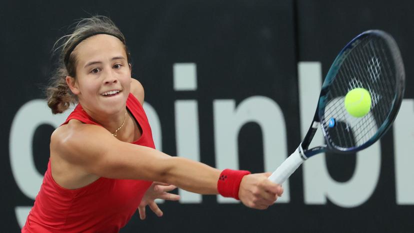 Belgian Hanne Vandewinkel pictured in action during a tennis match against German Seidel, the second match of the meeting between Belgium and Germany in the Billie Jean King Cup Play-offs, on Sunday 16 November 2025 in Ismaning, Germany. PHOTO BENOIT DOPPAGNE