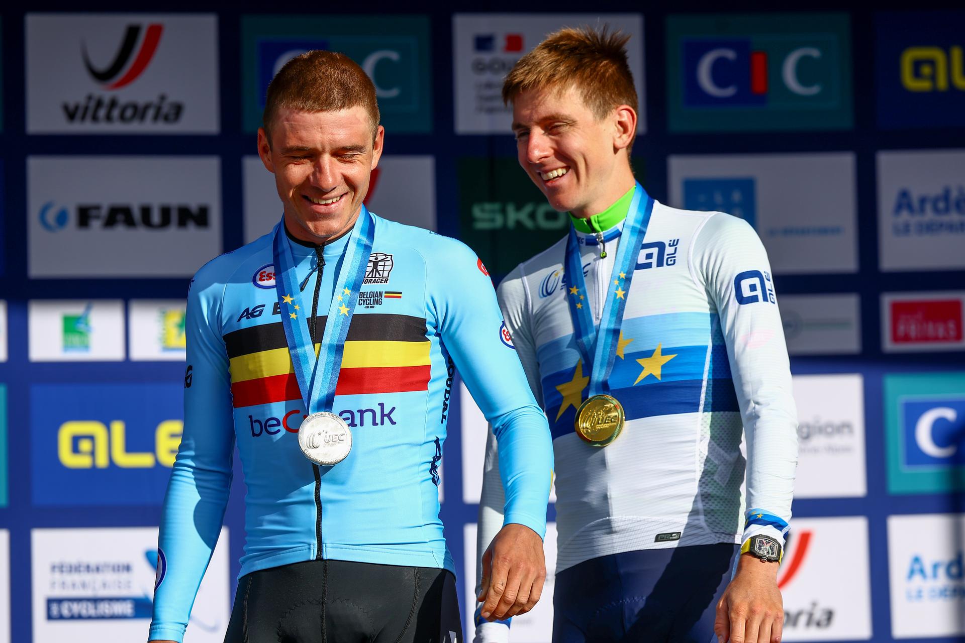 Belgium Remco Evenepoel and Slovenia Tadej Pogacar pictured on the podium after the Men Elite raod race, a 202,5 km from Privas to Guilherand-Granges, at the UEC road European cycling championships, Sunday 05 October 2025, France. The European cycling championships Drome-Ardeche takes place from 1 to 5 October, France. BELGA PHOTO DAVID PINTENS