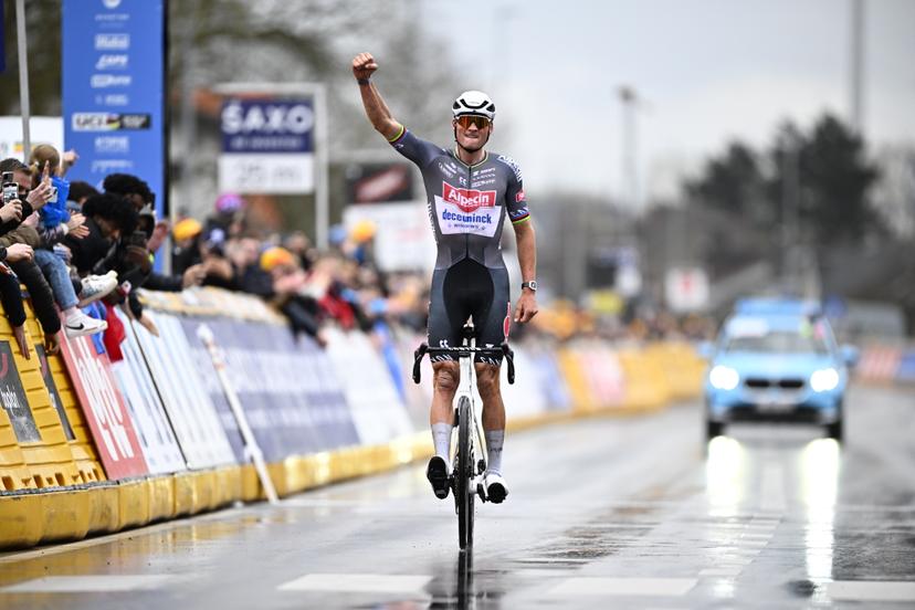 Dutch Mathieu van der Poel of Alpecin-Deceuninck and pictured crossing the finish line of the 'E3 Saxo Bank Classic' one day cycling race, 208,8 km from and to Harelbeke, on . BELGA PHOTO JASPER JACOBS