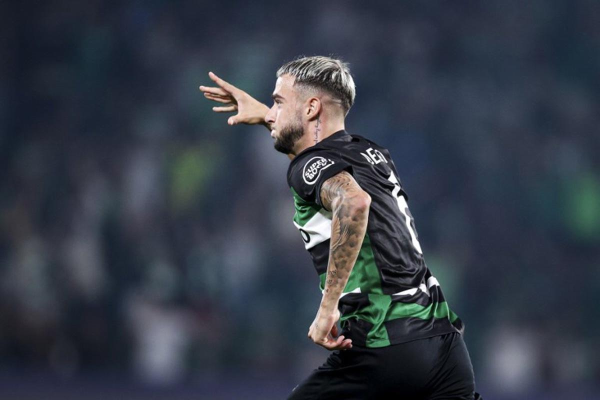 Sporting Lisbon's Belgian defender #06 Zeno Debast celebrates scoring his team's second goal during the UEFA Champions League 1st round day 1 football match between Sporting CP and LOSC Lille, at Alvalade stadium in Lisbon, on September 17, 2024.  FILIPE AMORIM / AFP