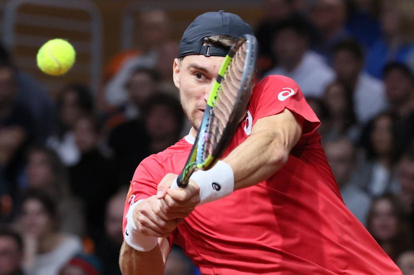 Belgian Raphael Collignon pictured in action during a tennis match against Bulgarian Vasilev, during the qualifier of the Davis Cup on Saturday 07 February 2026, in Plovdiv, Bulgaria. Belgium will compete this weekend in the Davis Cup qualifiers against Bulgaria. BELGA PHOTO BENOIT DOPPAGNE