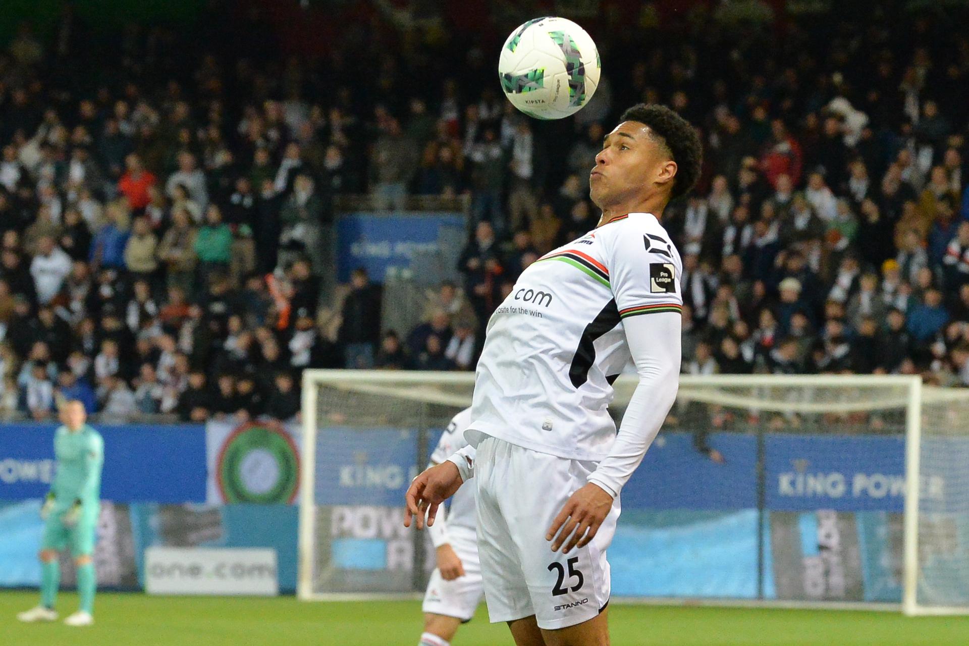 OHL's Manuel Osifo pictured in action during a soccer match between Oud-Heverlee Leuven and Sint-Truiden VV, Sunday 16 March 2025 in Heverlee, on day 30 of the 2024-2025 season of the 'Jupiler Pro League' first division of the Belgian championship. BELGA PHOTO JILL DELSAUX