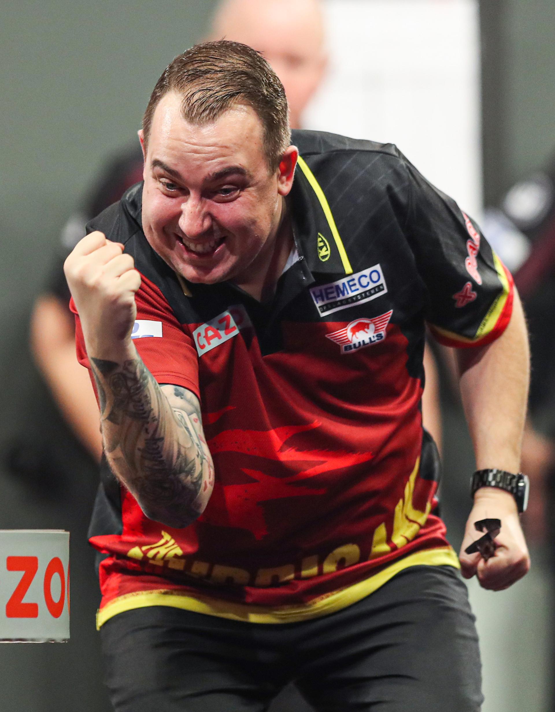 ATTENTION EDITORS - HAND OUT PICTURES - EDITORIAL USE WITH STORY ON DARTS WORLD CHAMPIONSHIPS ONLY - MANDATORY CREDIT KIERAN CLEEVES/PDC  Hand out pictures released by PDC Professional Darts Corporation shows  Belgian Kim Huybrechts celebrating after defeating Scottish Wright on day ten of the 2023 Cazoo World Darts Championship at Alexandra Palace, London, UK, on Tuesday 27 December 2022. MANDATORY CREDIT KIERAN CLEEVES/PDC
