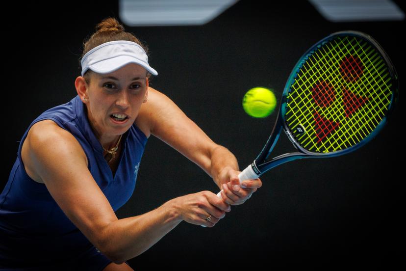 Belgian Elise Mertens pictured in action during a tennis match against American Pegula, in the second round of the women's singles at the 'Australian Open' Grand Slam tennis tournament, Wednesday 15 January 2025 in Melbourne Park, Melbourne, Australia. The 2025 edition of the Australian Grand Slam takes place from January 12th to January 26th. BELGA PHOTO PATRICK HAMILTON