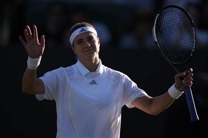 Czech Republic's Karolina Muchova celebrates winning against Thiland's Mananchaya Sawangkaew during their women's singles third round tennis match on the fifth day of the 2026 Wimbledon Championships at The All England Lawn Tennis and Croquet Club in Wimbledon, southwest London, on July 3, 2026.  Henry Nicholls / AFP
