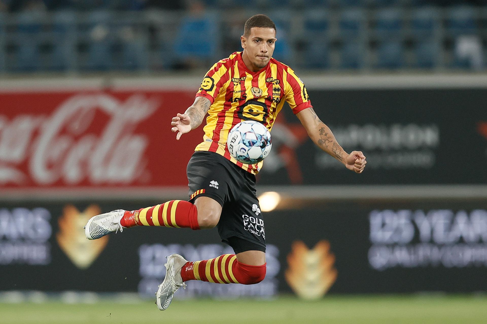 Mechelen's Vinicius Souza pictured in action during a soccer match between KAA Gent and KV Mechelen, Saturday 07 May 2022 in Gent, on day 3 (of 6) of the 'Europe' play-offs of the 'Jupiler Pro League' first division of the Belgian championship. BELGA PHOTO BRUNO FAHY