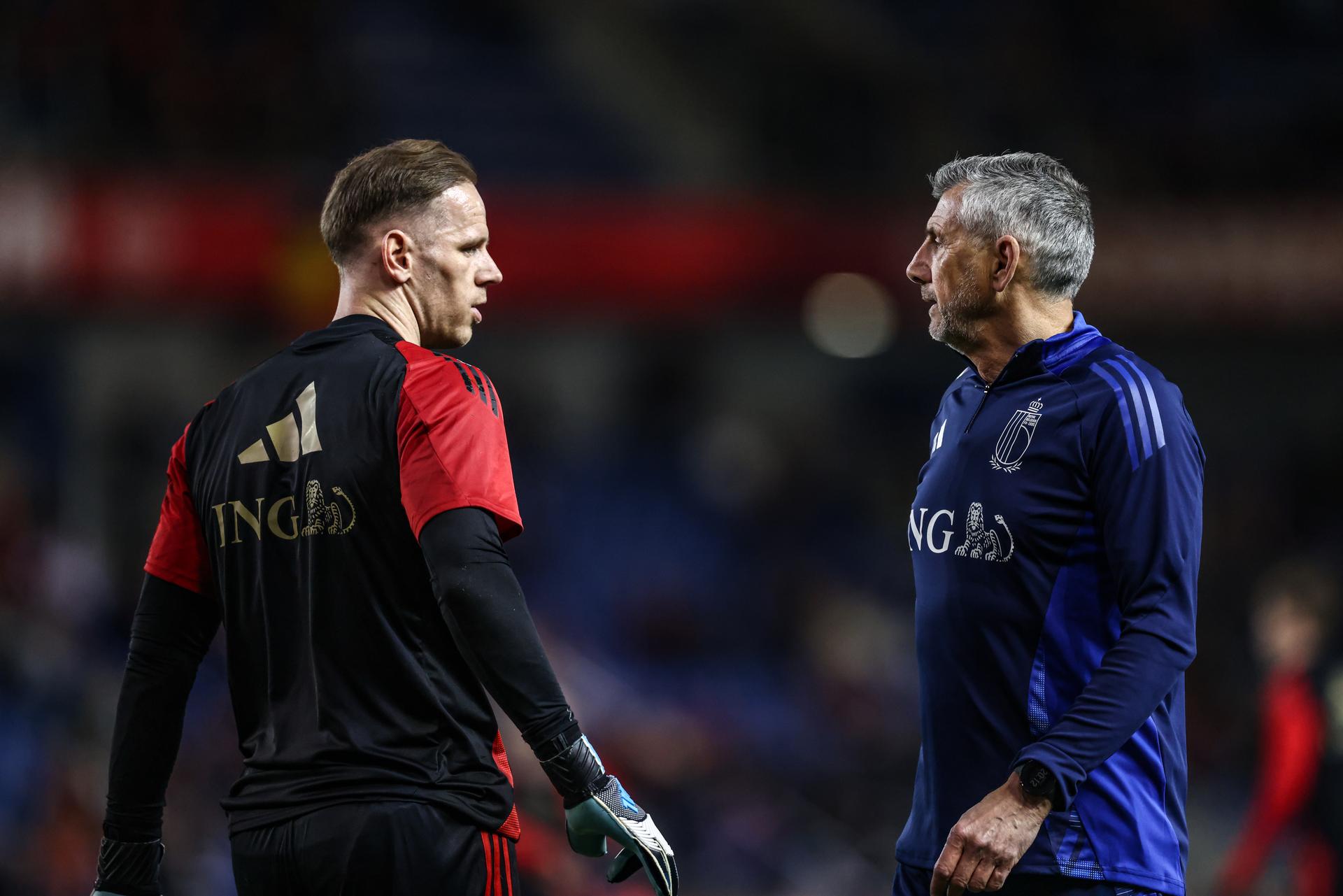 Belgium's goalkeeper Matz Sels and Guy Martens pictured before a soccer game between Belgian national team the Red Devils and Ukraine, Sunday 23 March 2025 in Genk, the return leg of the Nations League playoff. Ukraine won the first leg 3-1. BELGA PHOTO BRUNO FAHY