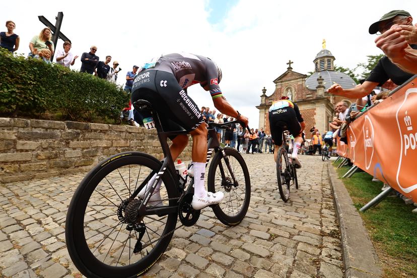 Dutch Mathieu van der Poel of Alpecin-Deceuninck pictured in action during the third stage of the 'Renewi Tour' multi-stage cycling race, from Aalter to Geraardsbergen (179,9 km) on Friday 22 August 2025. The five-day race takes place in Belgium and the Netherlands.  BELGA PHOTO DAVID PINTENS