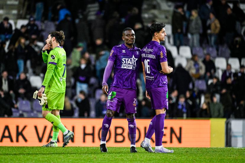 Beerschot's Katuku Derrick Tshimanga and Beerschot's Faisal Al-Ghamdi look dejected after losing a soccer game between K. Beerschot V.A. and KVC Westerlo, Sunday 16 March 2025 in Antwerp, on day 30 of the 2024-2025 season of the "Jupiler Pro League" first division of the Belgian championship. BELGA PHOTO TOM GOYVAERTS