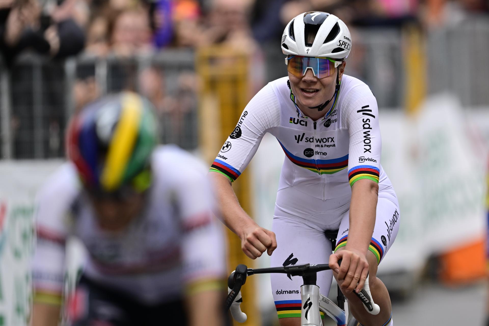Belgian Lotte Kopecky of SD Worx-Protime crosses the finish line of the 'Milano-Sanremo Donne' one day cycling race for women, 156km from Milan to Sanremo, Italy, Saturday 22 March 2025. BELGA PHOTO DIRK WAEM