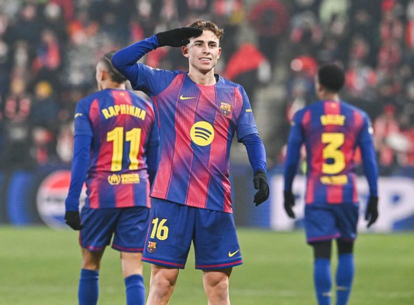 Barcelona's Spanish midfielder #16 Fermin Lopez celebrates after scoring during in the UEFA Champions League football match between Slavia Prague (CZE) and FC Barcelona (ESP) in Prague, Czech Republic on January  21, 2026.  Michal Cizek / AFP