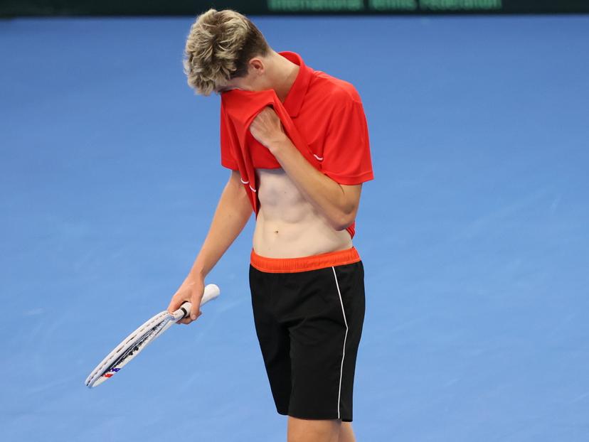 Belgian Alexander Blockx reacts during a game between Belgian Blockx and Chilean Garin, the second match in the Davis Cup qualifiers World Group tennis meeting between Belgium and Chile, Saturday 01 February 2025, in Hasselt. BELGA PHOTO BENOIT DOPPAGNE