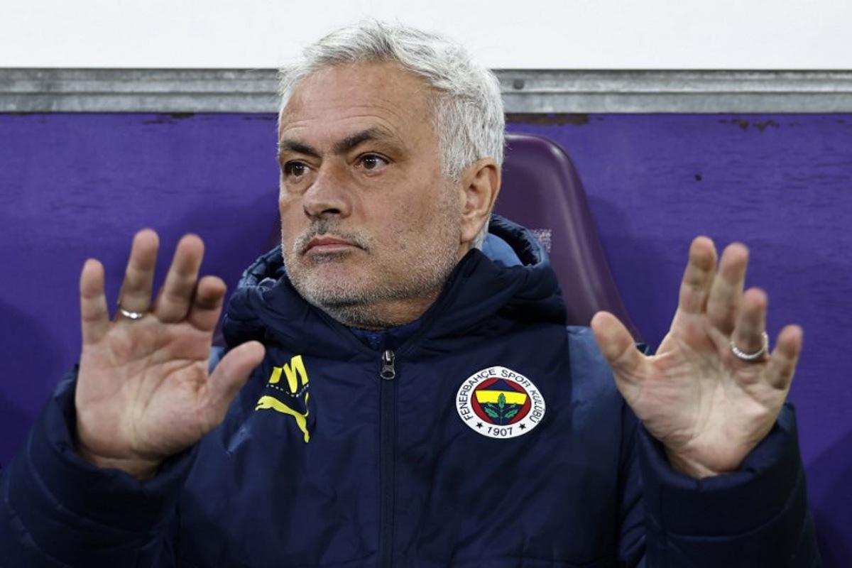Fenerbahce's Portuguese coach Jose Mourinho gestures from the technical area during the UEFA Europa League knockout phase play-off 2nd leg football match between Fenerbahce SK (TUR) and RSC Anderlecht (BEL) at the Lotto Park Stadium in Brussels, on February 20, 2025.  Simon Wohlfahrt / AFP