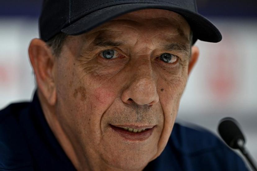 Montpellier's French head coach Jean-Louis Gasset delivers a press conference after the French L1 football match between Montpellier Herault SC and Le Havre AC at Stade de la Mosson in Montpellier, southern France on April 6, 2025.   GABRIEL BOUYS / AFP