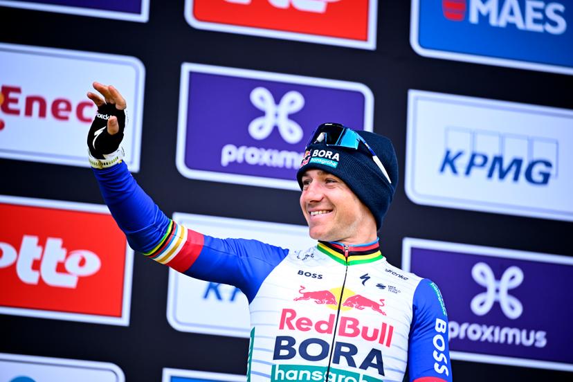 Third Belgian Remco Evenepoel of Red Bull-BORA-hansgrohe celebrates on the podium of the men's race of the 'Ronde van Vlaanderen/ Tour des Flandres/ Tour of Flanders' UCI WorldTour one day cycling race, 278 km from Antwerp to Oudenaarde, Sunday 05 April 2026. BELGA PHOTO JASPER JACOBS